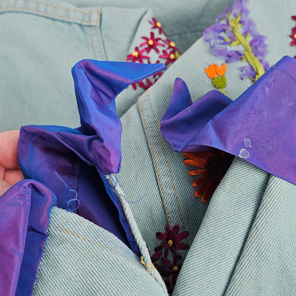 Jacket Upcycled blue green denim ribbon embroidered floral cropped Small - Picture 13 of 13